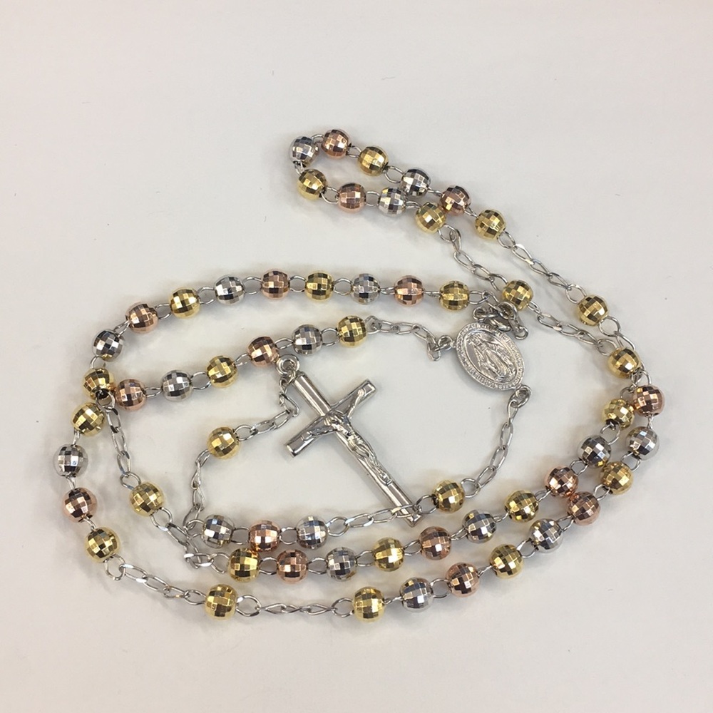 Italian Silver Tri Color Rosary Beads Chain Cross - Picture 7 of 8